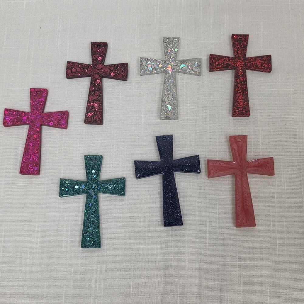 Handmade Resin Glitter Cross Keychain Charms Lot of 7 Multicolor Christian Craft